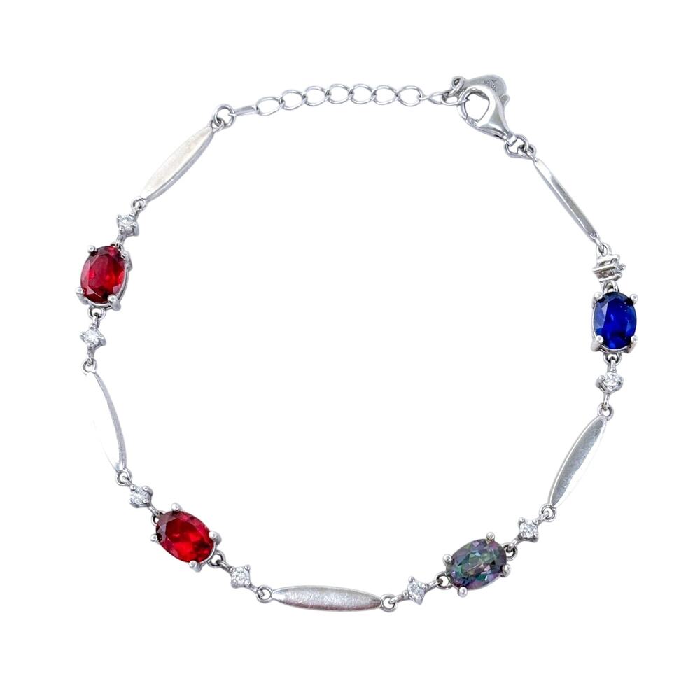 Vintage Sterling Silver 925 Garnet Sapphire Mystic Topaz Bracelet 6.5"-7.5"